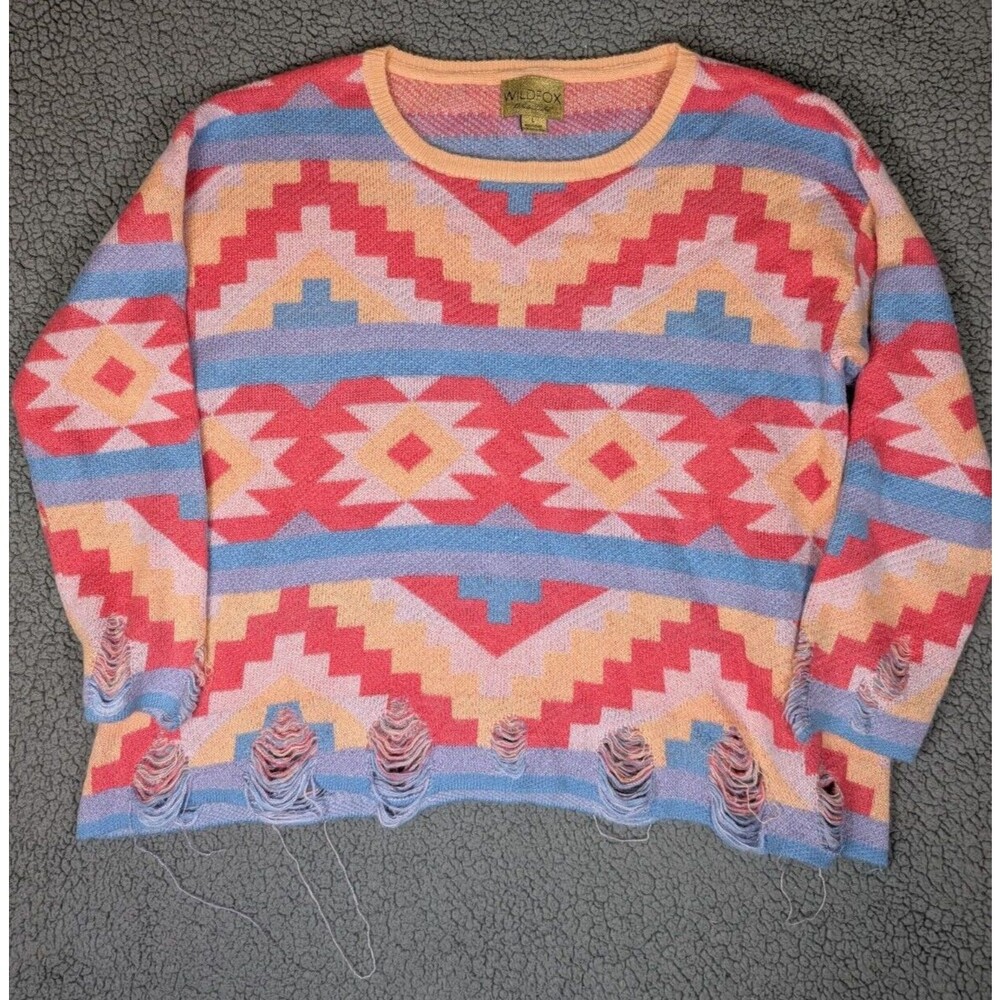 WILDFOX White Label Sweater Aztec Pink Blue Round Neck Size Large Distressed